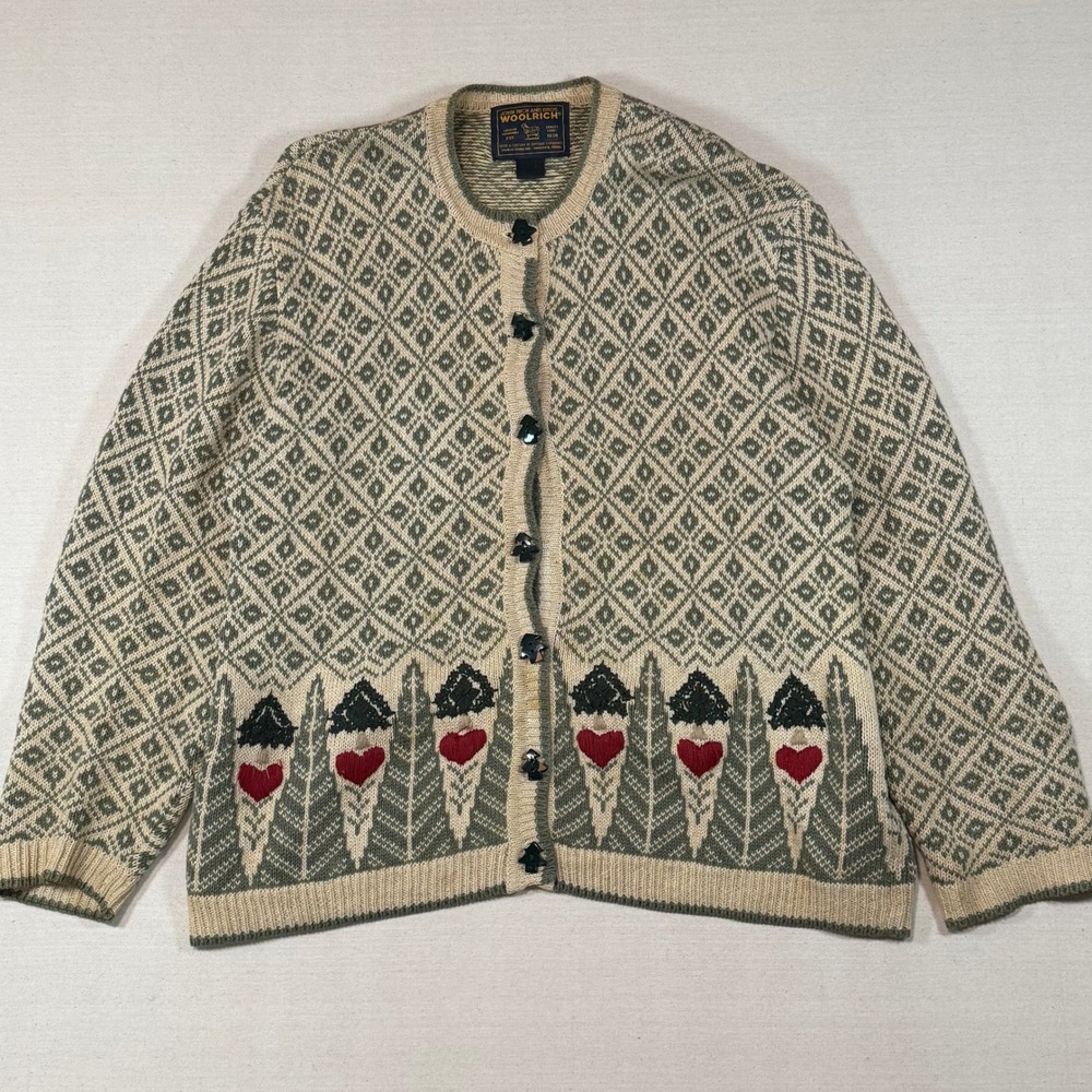 Woolrich Vintage Fair Isle Cardigan Sweater Green Cream Tree Buttons Medium